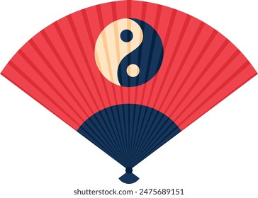 Vibrant red blue hand fan featuring central yin yang symbol icon centered isolated white background. Traditional Chinese fan, spiritual balance illustration decorative item. Radiating pattern