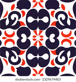 Lebhaftes rotes und blaues Paisley-Muster auf sauberem weißem Hintergrund, das ein kompaktes und nahtloses Design bildet, das sich auf unbestimmte Zeit wiederholt.