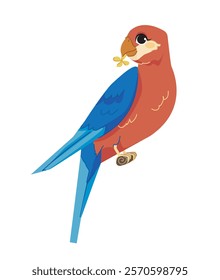 Vibrant red and blue parrot perched on a branch, holding a small leaf in its beak. Minimalist design on a white background. Concept of tropical wildlife. Vector illustration