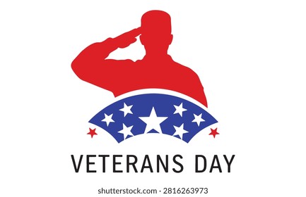 Vibrant red and blue Veterans Day emblem with a saluting soldier silhouette inside a star-framed arc and US flag elements.