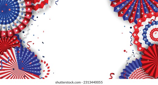 Vibrant red blue and white paper fans with confetti, for the Memorial day, Veterans day, or other American patriotic holiday celebrations.