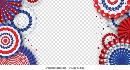 Vibrant red blue and white paper fans with confetti, for Memorial day, Veterans day, or other American patriotic holiday celebrations.