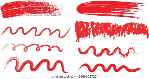 Trazos de pincel rojo vibrante y expresivo arte de línea ondulada sobre fondo blanco