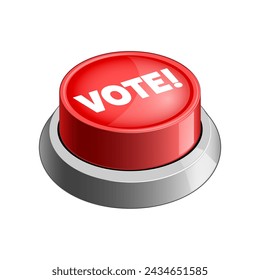 vibrant red button with the word VOTE emphasized on a shiny metallic base on white background vector illustration. Concept illustration. Hand drawn color vector illustration.