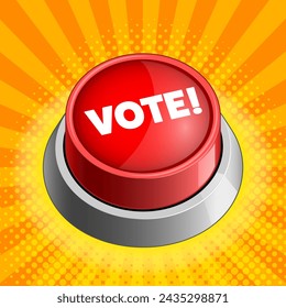 vibrant red button with the word VOTE emphasized on a shiny metallic base on yellow background vector illustration. Concept illustration. Hand drawn color vector illustration.