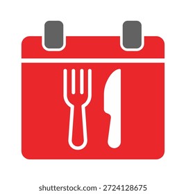 A vibrant, red calendar icon featuring a knife and fork, symbolizing meal planning or dining events.