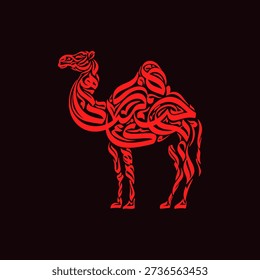 A vibrant red camel illustration on a black background
