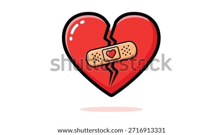 A vibrant red cartoon heart, clearly broken down the middle, is mended with a beige adhesive bandage featuring a small red heart design.