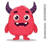 A vibrant red cartoon monster with a furry texture. It has dark purple horns, large, round eyes with black pupils, and a joyful expression, complete with a wide grin. It is chubby and has small legs.