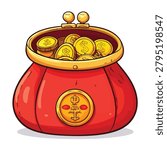 A vibrant red cartoon purse open and overflowing with shiny golden coins featuring dollar signs and symbols on a white background