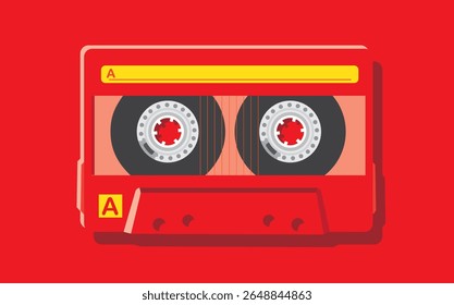 Vibrant red cassette tape illustration featuring dual reels and a bold design. Evokes nostalgia and the classic era of analog music. Perfect for vintage and retro-themed projects