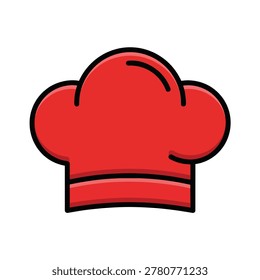 A vibrant red chef hat icon with bold black outlines and a simple flat design style suitable for culinary branding and restaurant logos