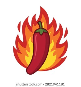 A vibrant red chili pepper engulfed in cartoon fire flames. Hot spicy food icon representing extreme heat, burning sensation, and intense flavor for menus.