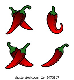 Vibrant red chili peppers illustrated in various positions showcasing their bright colors and distinctive shapes