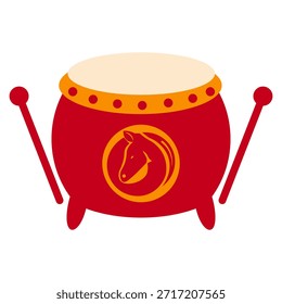 Um vibrante tambor chinês vermelho adornado com um emblema de cavalo e duas baquetas, simbolizando celebração e música.