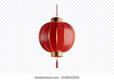 A vibrant red Chinese lantern with elegant golden accents, hanging against a transparent background, symbolizing cultural heritage and festive celebrations, ideal for holiday or decoration themes.