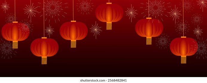 Vibrant red Chinese lanterns with glowing effects, surrounded by golden fireworks, set against a deep red gradient background, perfect for festive and cultural celebrations.