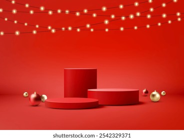 Vibrant red Christmas background with three podiums, festive holiday ornaments, and glowing string lights. Mockup scene for seasonal product displays and elegant holiday promotions