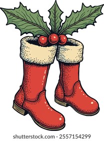 A vibrant red Christmas boot illustrated with a festive design, featuring two hanging green leaves for a classic holiday touch.