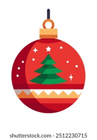 A vibrant red Christmas ornament featuring a beautiful Christmas tree on it