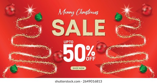 Vibrant red Christmas sale background with tree garland lights and glowing sparkles