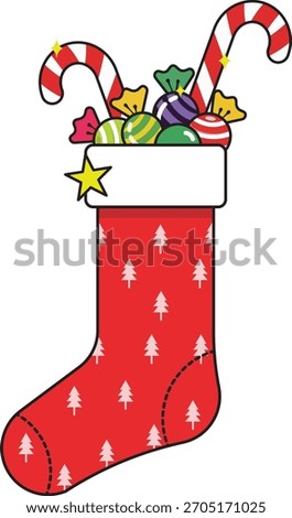 A vibrant red Christmas stocking adorned with white tree patterns, overflowing with colorful candy, stars, and a striped candy cane, set against a plain white background.