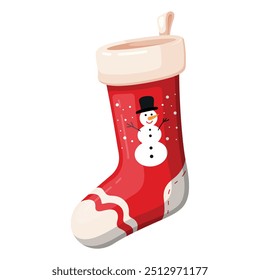 A vibrant red Christmas stocking features a cheerful snowman design, ready to be filled with treats and gifts as part of holiday traditions. Ideal for festive decor.