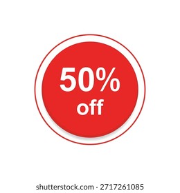 Un círculo rojo vibrante con un borde blanco que muestra '50% de descuento' en texto blanco, ideal para marketing, marca, comercio electrónico y Materiales promocionales.