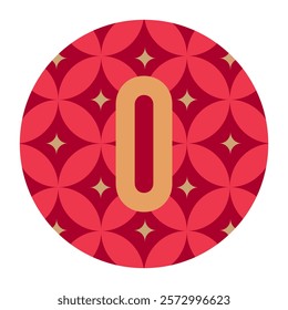 A vibrant red circular design featuring the number zero surrounded by intricate floral-inspired symmetrical patterns for a festive and elegant look.