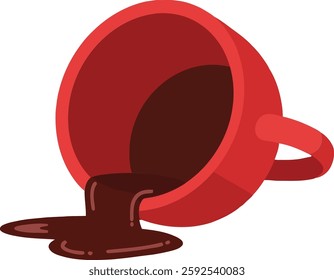 A vibrant red coffee cup tips over, spilling dark brown liquid onto a flat surface, creating a playful and dynamic scene filled with energy and color.