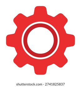 Vibrant red cogwheel with concentric circles at its center symbolizing industry engineering mechanics and precision isolated on a clean white background representing power