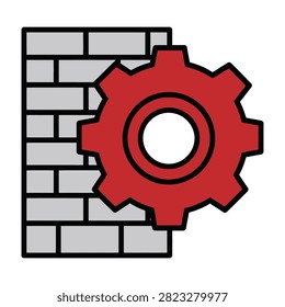 A vibrant red cogwheel turns to smash through a grey brick wall. Symbolizes strength, force, industrial power, construction, and breaking barriers.