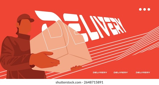 Vibrant Red color Flat vector illustration of courier holding package box in realistic silhouette style, perfect for logistics, shipping, and delivery themes.