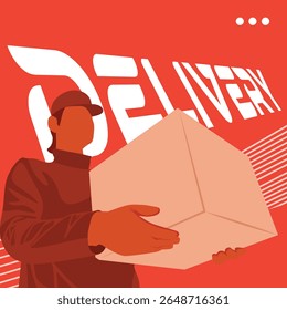 Vibrant Red color Flat vector illustration of courier holding package box in realistic silhouette style, perfect for logistics, shipping, and delivery themes.