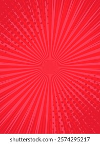 Vibrant red comic book radial lines radiate from the center, featuring halftone dots bursting outward for a dynamic and energetic backdrop perfect for graphic design and pop art