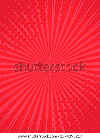 Vibrant red comic book radial lines radiate from the center, featuring halftone dots bursting outward for a dynamic and energetic backdrop perfect for graphic design and pop art