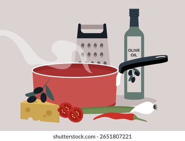 A vibrant red cooking pan simmers with a rich pasta sauce, surrounded by fresh tomatoes, cheese, onions, and a bottle of olive oil, evoking culinary creativity in a cozy kitchen