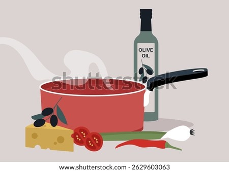 A vibrant red cooking pan simmers with a rich pasta sauce, surrounded by fresh tomatoes, cheese, onions, and a bottle of olive oil, evoking culinary creativity in a cozy kitchen