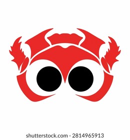 A vibrant red crab illustration featuring exaggerated large black eyes, detailed claws, and a symmetrical shell design, suitable for marine or ocean themes.
