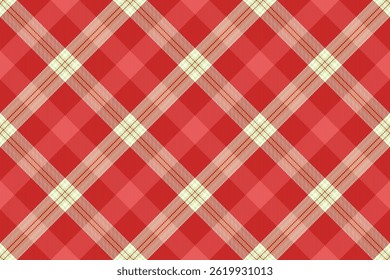 Vibrant red and cream diagonal plaid pattern.  Perfect for textile design, website backgrounds, or seasonal projects. This classic check design evokes feelings of warmth and tradition.