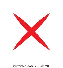 Ein lebhaftes rotes Kreuz-Symbol, das mit einem deutlichen Pinselstrich erstellt wurde, hebt sich deutlich von einem sauberen weißen Hintergrund ab, der eine negative oder falsche Wahl darstellt.