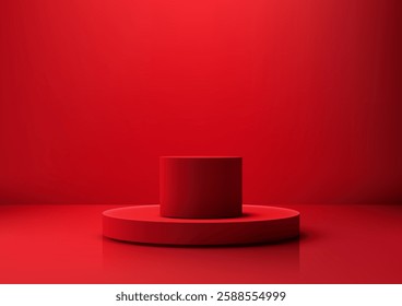 vibrant red cylindrical 3d podium on a circular base, perfect for product displays, graphic design mockups, and modern presentations. Ideal for advertising, branding, and commercial projects