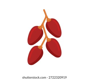 Vibrant red dates, sweet and healthy, depicted on a stem in a flat illustration style. Perfect for food, health, or botanical designs. Fresh natural produce.