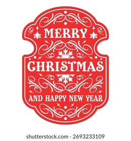 A vibrant red decoration features the words Merry Christmas and Happy New Year surrounded by elegant white designs perfect for holiday celebrations and festive decorations.
