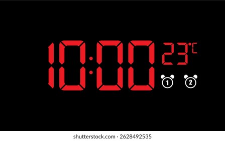 Visor de relógio digital vermelho vibrante às 10:00 com 23 graus Celsius em um fundo preto elegante, apresentando um indicador de relógio de alarme moderno para rastreamento do tempo