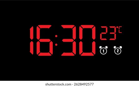 Tela de relógio digital vermelho vibrante em fundo preto mostrando 16:30, temperatura 23�C, e dois ícones de relógio de alarme para cronometragem moderna
