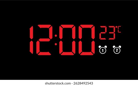 Relógio Digital Vermelho Vibrante Exibindo a Meia-Noite com Temperatura de 23�C contra um Fundo Escuro para Visuais de Tecnologia e Projetos Relacionados ao Tempo