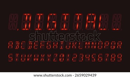 Vibrant red digital vector font set with numbers and letters, ideal for retro tech designs