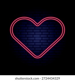 A vibrant red double line neon heart glowing against a textured dark blue brick wall. High contrast digital illustration perfect for Valentine's Day, romantic themes, or retro 80s aesthetics. Vector illustration