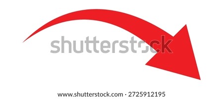 Vibrant red downward curving arrow pointing diagonally right .Signifying progress downfall unsuccess direction downward movement and vector illustration.